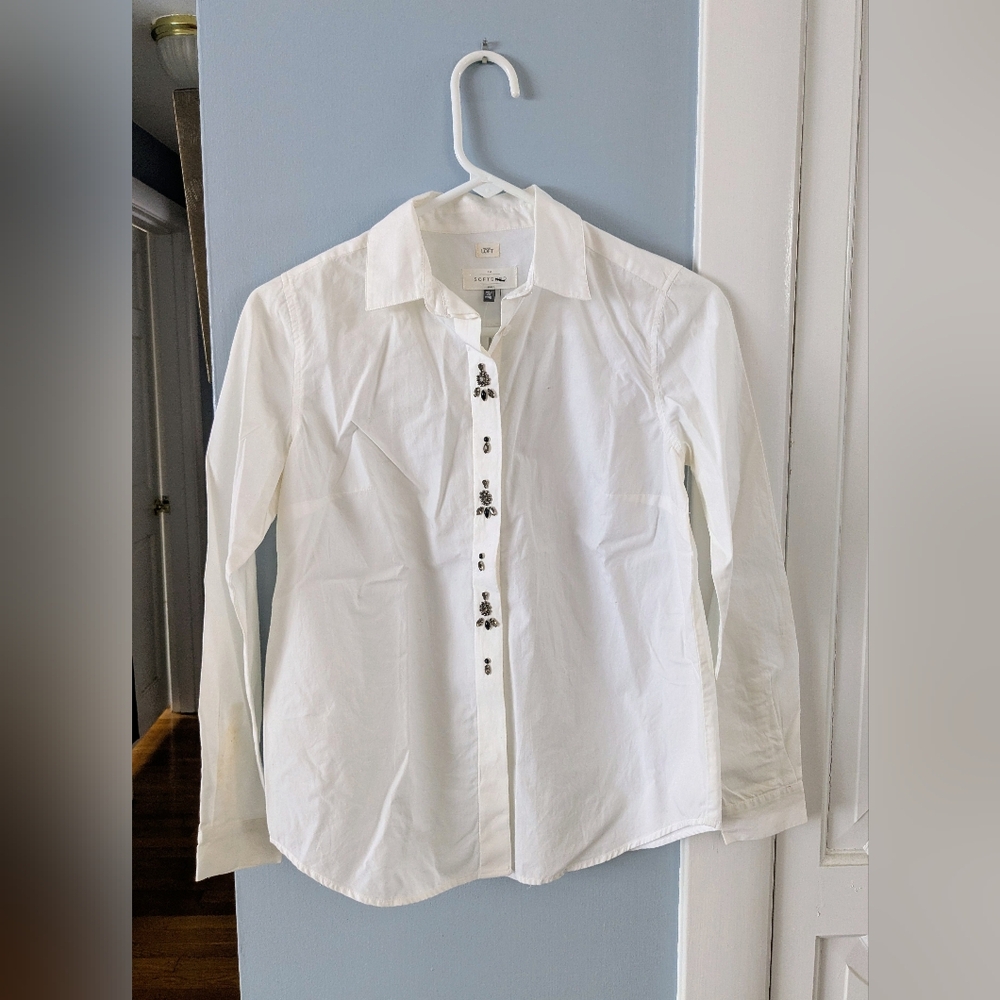 LOFT White Button-Down Shirt with Embellished Details